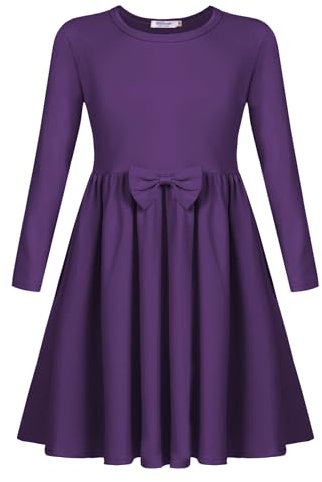 Arshiner Ragazze Abiti Cotone Bambini Manica Lunga con Fiocco Vestito Invernali Abiti Autunno A-Line Festive Collo Rotondo Abiti Casual di Base per Ragazze 8-9 Anni Viola