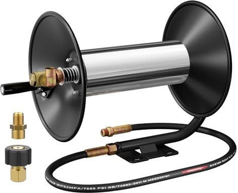 BreAro Pressure Washer Hose Reel 100ft, Metal Hose Reel Hand Crank, with 3/8 Pressure Washer Hose, Swivel Arm and Mounting Bracket, 4000 PSI, Outdoor Hose Reel for Air/Liquid/Water Use