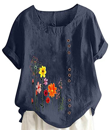 KOG Blitzangebote des Tages - Damen Shirt Sommer Leinenbluse Bluse Vintage Kurzarm Shirts Teenager Oberteile Lässig Mode Motiv Tops Frau Scoop-Ausschnitt Oversized Pullover Gutschein Marine 3XL
