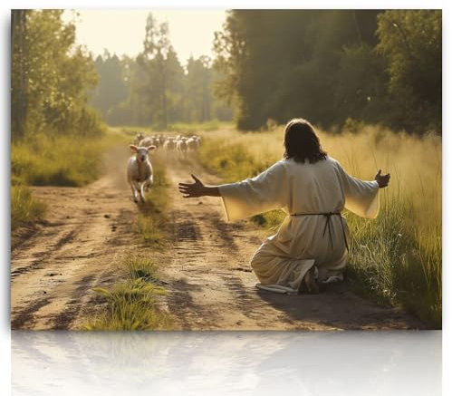 Fchen Art Schönes Gemälde: Lamm läuft in Richtung Jesus, Wandkunst, Leinwandfolie, Landschaft mit Pferden, Kirche, Wohnzimmer, gerahmter Leinwanddruck, 30,5 x 40,6 cm