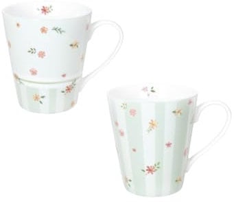 BRANDANI 51150 MUG POLLINE VERT Lot de 2 pièces New Bone China, 8,5 x 10 cm, 600 ml, décorations délicates fleurs et bourgeons, lave-vaisselle, micro-ondes, four, congélateur