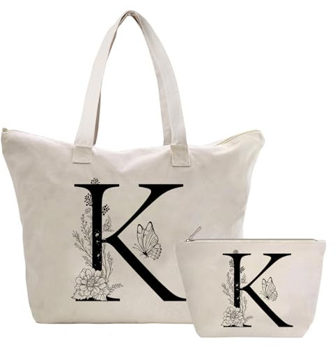 Personalizadas Bolso Tote de Mujer con Inicial, Bolsa de lona con Bolsillo Interior, Bolsa de Compras con Bolso de Cosméticos, Regalos para Damas Mejor Amigas Mamá, Regalo Cumpleaños Navidad K