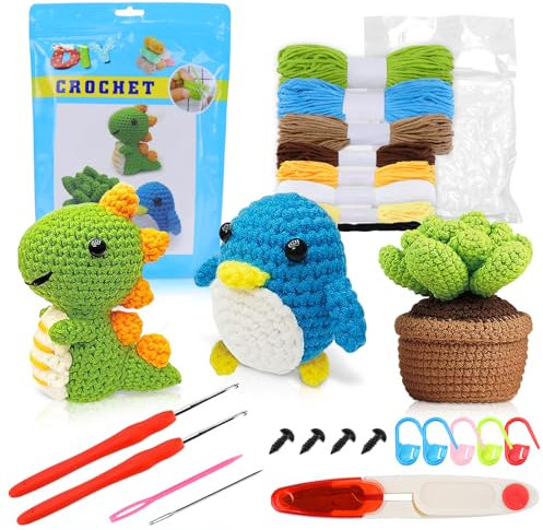 Zoyomax 3 Häkelset für Anfänger, Häckeln Stricken für Anfänger Set mit Häkelnadeln Garn und Video, crochet set, Häkeln Set Dinosaurier Pinguine Sukkulente Pflanze für Anfänger und Kinder Erwachsene