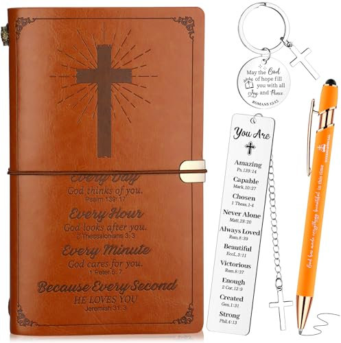 HAOWANWW Christliches Geschenk für Männer, christliches Notizbuch, Bibelleder, Tagebuch, Notizbuch mit Bibel-Kugelschreiber, religiöse Lesezeichen, Bibelvers, Schlüsselanhänger, inspirierendes
