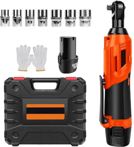 Bowose Akku Ratschenschlüssel 10mm mit 2x 1,5Ah Batterien, 7x Schlageinsätze, 40N.m, eingebautes LED-Licht, Vorwärts/Rückwärts-Schalter, 230RPM, leichter Elektrische Ratschenschlüssel (Orange)