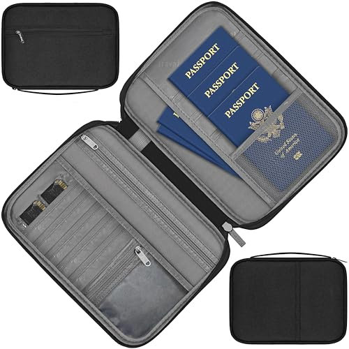 MyGadget Reisepass Organizer [ Platz für 5 Personen Familie ] - Reisepasshülle mit zusätzlichen Platz für Dokumente | EC - Karten | SIM | Schlüssel in Schwarz
