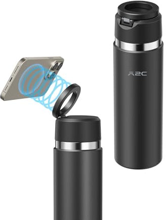 A2C Isolierte Edelstahl-Wasserflasche mit magnetischer Handyhalterung, geeignet für Büro, Schule, Reisen und Fitness, 590 ml, Schwarz