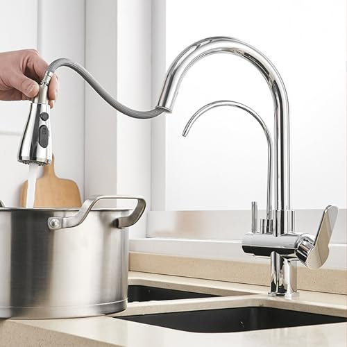 3 Way Drinking Water Kitchen Tap Chrome Gooseneck Kitchen Mixer Tap with Pull Out Spray Mixer Tap for Kitchen Sink