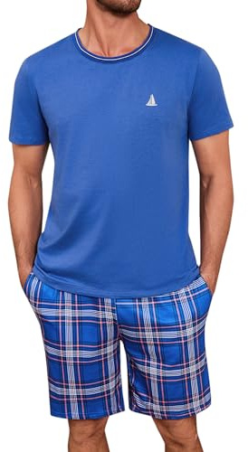 Jahetuul Pyjama Homme en Coton 2 Pièces Court Col Rond à Carreaux | Coton doux, col rond, poches pratiques, à carreaux pour la nuit, la détente et les moments à la maison.