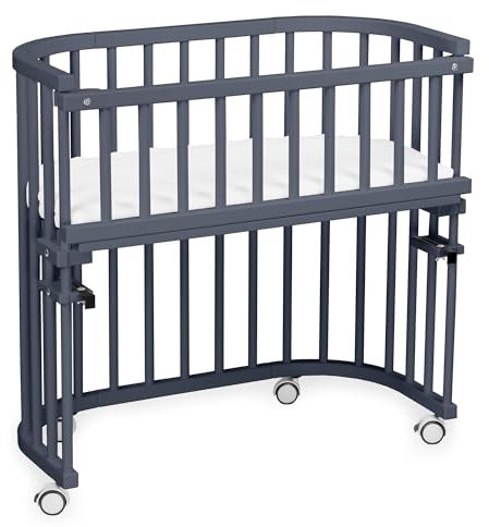 babybay Original Beistellbett aus massivem Buchenholz/kompakt & verwandelbar/Kinderbett Höhe stufenlos verstellbar/mitwachsendes Babybett (schiefergrau lackiert) / inkl. Matratze, Gitter, Rollen