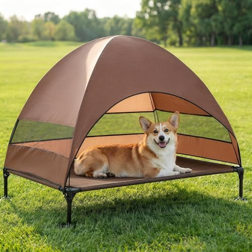 Snagle Paw Elvated Dog Bed With Canopy,Portable Raised Outdoor Dog Bed with Anti-Slip Feet,Wider Shade Pet Cot with Breathable Mesh,Waterproof Pet Cot for Large Dogs Up to 50KG, Indoor& Outdoor Use