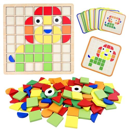 Absyrony 120pcs Kinder Puzzle mit Holz klötzen, Montessori Spielzeug ab 3 4 5 6 Jahre, Kreative Mosaik Holzpuzzle, Tangram Hölzerne Muster Blöcke, Geometrische Formen Holzpuzzles mit 20 Designkarten