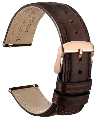 WOCCI 20mm Uhrenarmband für Herren und Damen, Echtes Leder - Top Genarbtes Leder, Schnellverschluss, Rosegoldene Schnalle (Dunkelbraun)