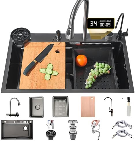 70x50cm Fregadero De Cocina De cascada Acero Inoxidable Negro, 1 Cubeta Con Nanorrevestimiento Y Grifo Extraíble, Para Montaje Superior, Incluye Lavavasos, Canasta De Drenaje De Accesorios