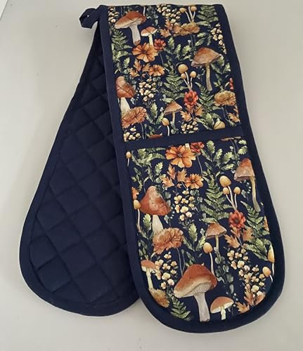 Mushroom Toadstool Design Quilted Double Oven Glove 100% Cotton in Navy Blue