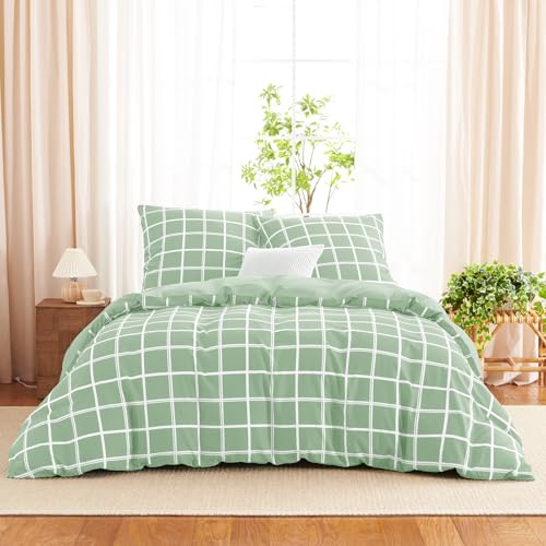 WAVVE Bettwäsche 200x200 3teilig Bettbezug Mikrofaser Bettwäsche-Sets 200 x 200 cm mit 2 Kissenbezüge 80x80cm, ÖKO-TEX, Wendebettwäsche Bedding grün Karomuster Muster mit Reißverschluss
