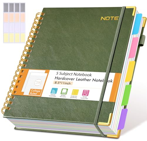 Spiral Notebook 8.5 x 11，5 Subject Notebook College Ruled with Removable Dividers， Green