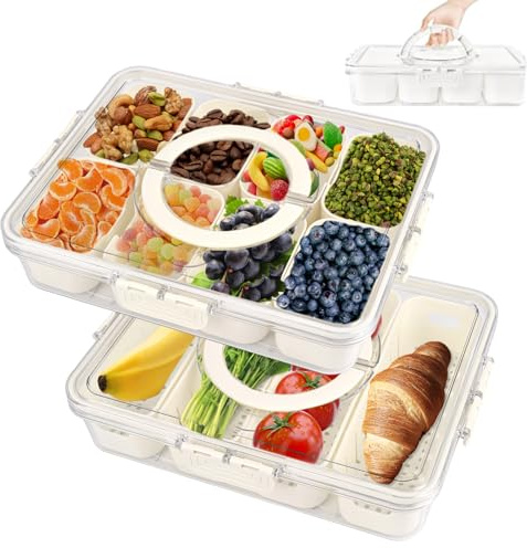 Comius Sharp Snackbox mit Fächern, Snackteller mit Deckel und Griff, 4 FäChern und 8 FäChern, Snackschale Kinder, Snackteller Organizer für Süßigkeiten Obst Keksen Dessert Gemüse Nüsse (2 Stück)