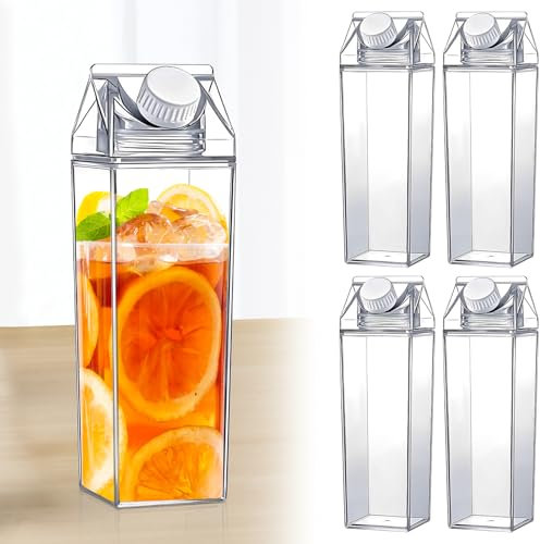 harupink 4 botellas de agua de cartón transparente de leche, 4 x 500 ml, caja de leche de plástico cuadrada, reutilizable con 2 tazas, sellada, botella de leche para bebidas zumo de bebidas