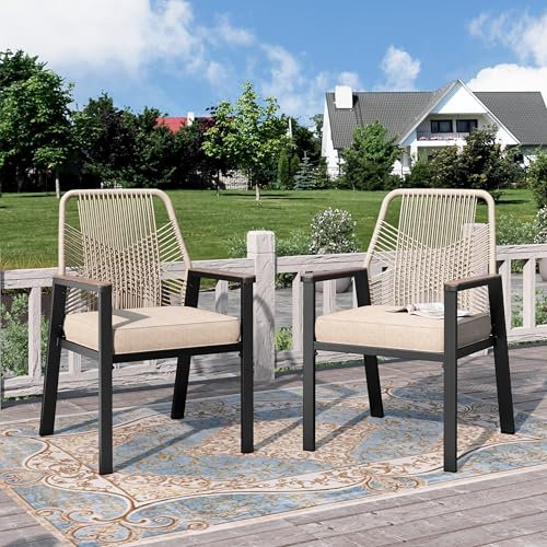 PHI VILLA Garden Chairs Set of 2, Outdoor Deck Chairs Arm Chair with Rattan Rope Backrest, Wood Armrests, Extra Thick 8cm Cushions and E-coating Metal Frame for Backyard Balcony Porch, Beige