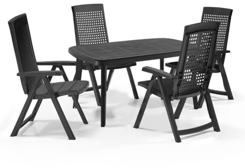 Gartenmöbel Set Tisch und Stühle 5-teilig - Gartentisch mit klappbaren Stühlen aus wetterfestem Kunststoff - Essgruppe Set für Balkon Terrasse und Garten - Gartengarnitur mit Esstisch Anthrazit