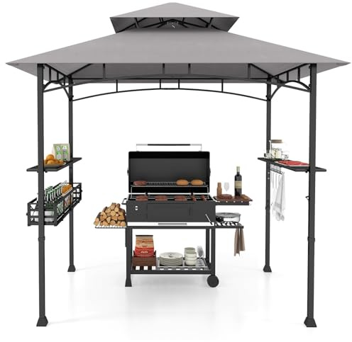 FANTASK Der Grillpavillonmit Doppeldach, Seitenregalen, Haken und Flaschenöffner, Grillüberdachungen wetterfest, Grillunterstand, 242 x 153 x 250 cm, Grau