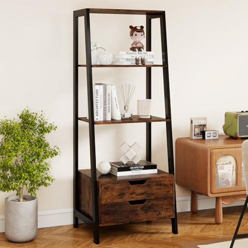 GIANTEX Bücherregal, Leiterregal mit 2 Schubladen & 4 offenen Ablagen, Standregal für Wohnzimmer, Küche, Esszimmer, 52 x 39,5 x 134 cm (Braun + Schwarz)