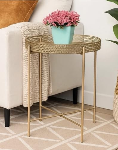 NEELAUK Modern Round Metal Side Table, Gold Finish, 47 cm Height, Perforated Tray Design