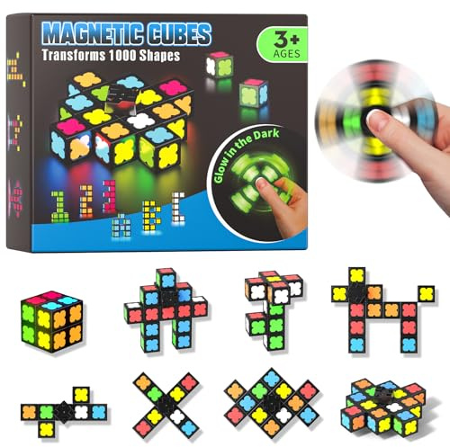 Magnetische Fidget Toys Kinder Teen Erwachsene, Fidget Spinner mit 12 im Dunkeln Leuchtenden Magnetische Bausteine, DIY Kreative Magnete Spielzeug Geschenke für Adhs Stressabbau und Entspannung