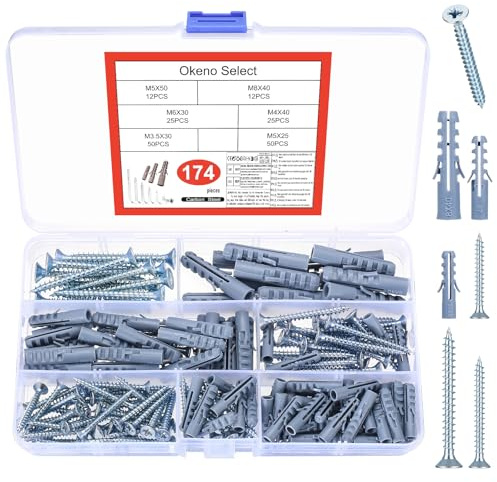 Okeno Select174 Pièces Chevilles et Vis Autofilettantes, Set Chevilles pour Plaque de Plâtre,Vis pour Béton avec pour Mur en Maçonnerie