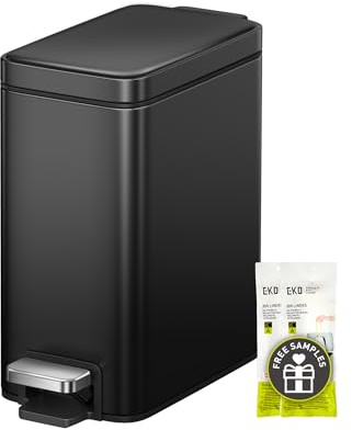 EKO Genie Bad Mülleimer 5 L, schmaler Kosmetikeimer aus Edelstahl mit Inneneimer und Soft-Close Deckel, pflegeleicht, kleiner Treteimer für Gäste-WCs, Büros und Badezimmer, Mattschwarz