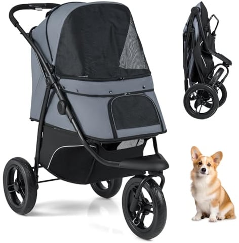 COSTWAY Hundewagen klappbar, Hundebuggy bis 25 kg, Katzenwagen 3 Rad, Haustierwagen mit verstellbarem Sonnendach, Netzfenster, Korb & Polster, Haustierbuggy für Katzen Hunde (Grau)