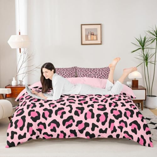 Manfei Pink Leopard Bettdecke Set S Größe, Gepard Bettwäsche Set für Kinder Teenager Mädchen Zimmer Dekor, Wildtier Haut Textur Decken Abdeckung romantische Mode Quilt Abdeckung 1 Kissenbezug