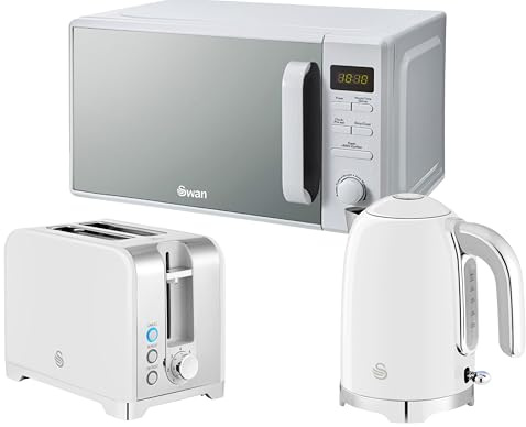 Swan Solace White 1.7L 3KW Kettle, 2 Slice Toaster and SM4421WHT 800W 20L Digital Microwave. Contemporary Design Kettle, Toaster & Microwave Kitchen Set with a Premium White Finish