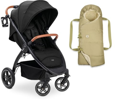 hauck Buggy UpTown Black inkl. 3-in-1 Babynest Carry N Play Teddy Fleece – Sportbuggy mit verstellbarer Rückenlehne, gepolstertem 5-Punkt-Gurt & luftgefederten Gummirädern – Melange Black