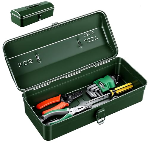 Metal Tool Box with Handle, 14 Inch Small Portable Metal Storage Box with Lid for Home, Garage, Workshop, Lockable Tool Organiser Case for Wrenches, Screwdrivers, Small Parts