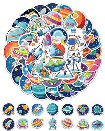 LOZTBUE 50 Stück Astronauten Weltraum Sticker Planeten Aufkleber Wasserfeste Vinyl Cartoon Weltall Aufkleber mit Stern Planet Rakete Teleskop Motiven Lustige Alien Sticker für Kinder und Space-Fans