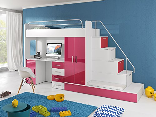 Möebel für Dich Hochbett TOMI - Schreibtisch, Schrank, Treppe und Gästebett mit Hochglanz-Fronten in weiß/schwarz/rosa/grau/lila/blau (rosa)