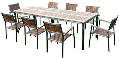 ASS Gartengarnitur Edelstahl Teak Set: Tisch 160x90 cm + Tisch 90x90cm + 8 Teak Sessel A-Grade Teak Holz Serie KUBA Gastroqualität