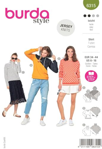burda style Schnittmuster Damen #6315 Kapuzenpullover, Sweatshirt und Pullover, Gr. 34-44, Nählevel: Leicht