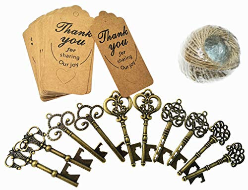 Apribottiglie a forma di chiave scheletro con biglietto di ringraziamento e corda di iuta, 50 pezzi Antique Bronze