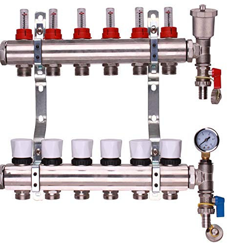 Stainless Steel Underfloor Heating Manifolds 2-12 Port Options (6 Ports)
