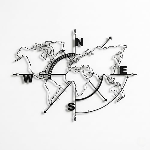 DEKADRON Metall-Weltkarte, Wandkunst, Kompass, Weltkarte ohne Ränder, Metall-Wanddekoration, Metallschild, Wandbehänge (98 x 75 cm)