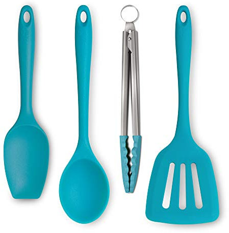 Zeal JSET40A Non-Stick Silicone Tongs, Turner, Spatula Cooks Spoon 4-Piece Set-Aqua