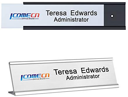 Plaque murale personnalisée en aluminium brossé pour porte de bureau Argenté 50 x 200 mm Image + textes.