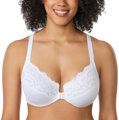 DELIMIRA Women's Front Fastening Racerback Bras | Plus Size, Full Coverage, Lace, Underwire, Unlined