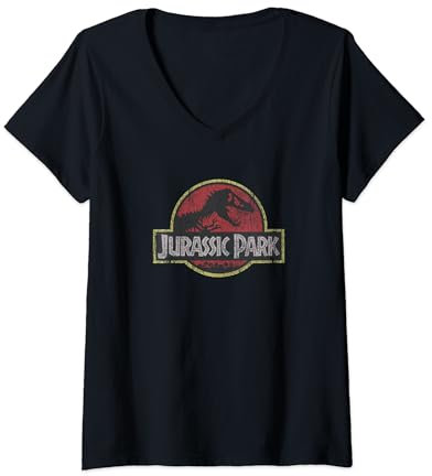 Jurassic Park Classic Retro Red Distressed Logo T-Shirt avec Col en V