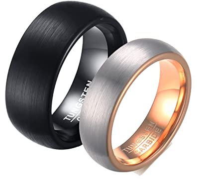 ANAZOZ 2 Stück Eheringe Paarpreis Wolfram 8mm Gebürstet Bombiert Breit Damen Partnerringe Bandringe Herren Ring Breit Schwarz Rosegold Ringe Paar Ausgefallen Frau:67 (21.3) & Mann:62 (19.7)