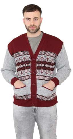 Mens Classic Style Cardigan Argyle Diamond Pattern ButtonCasual Design Button Up Thick Knit Warm Winter Grandad Sweater Knitted V Neck Cardi Long Sleeve Knitwear Vintage Jumper(Red Button,2XL)