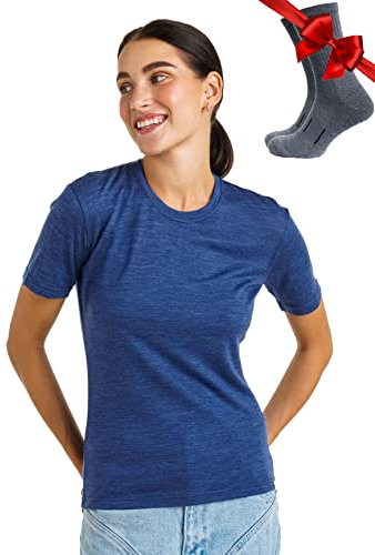 Merino.tech 100% Merino T Shirt Damen - Merinowolle Sport Wandern Thermoshirt Damen + Wandersocken (Large, Windsor Blue Crewneck)